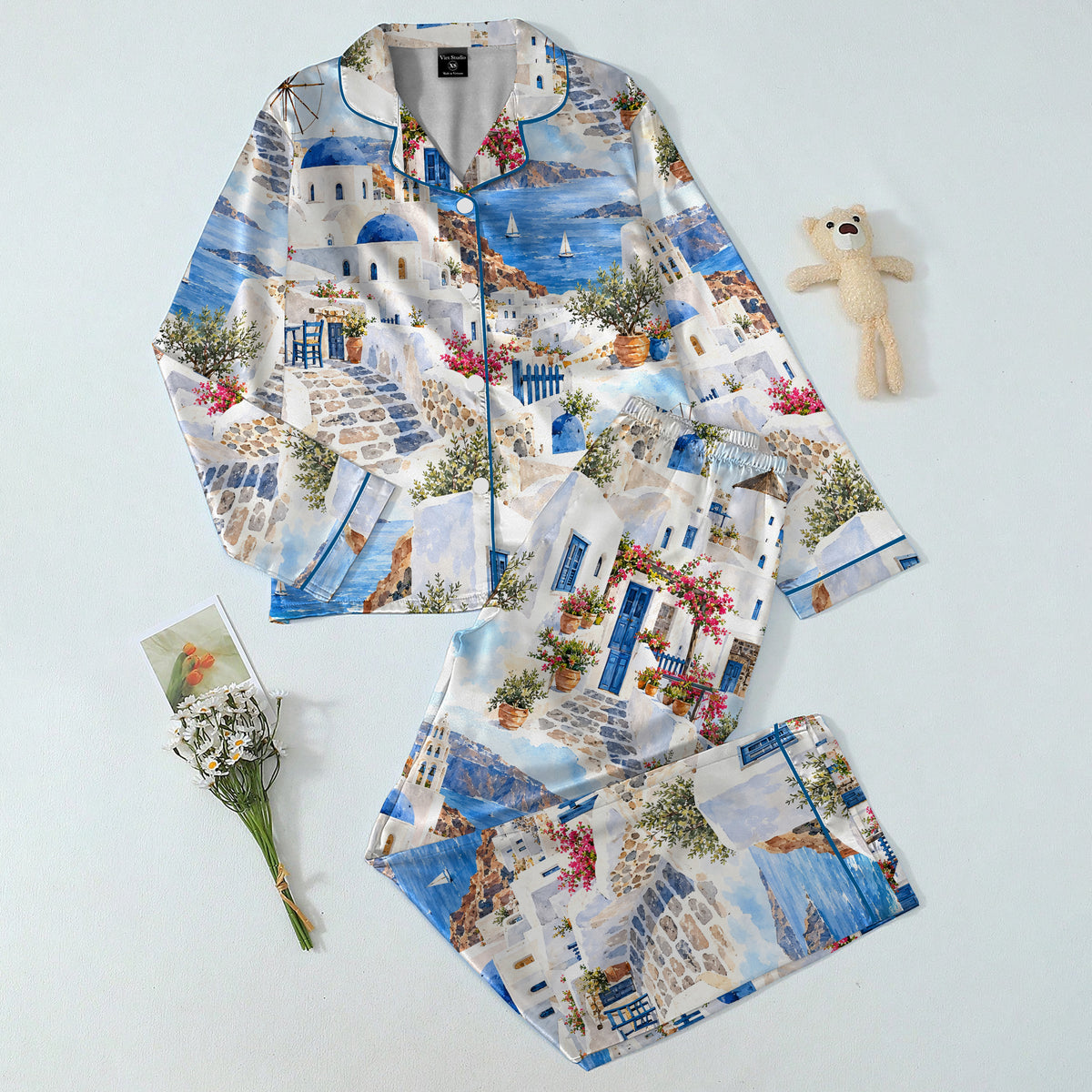 Greek Island Coastal Village Watercolor Print Long Sleeve Pajama Set