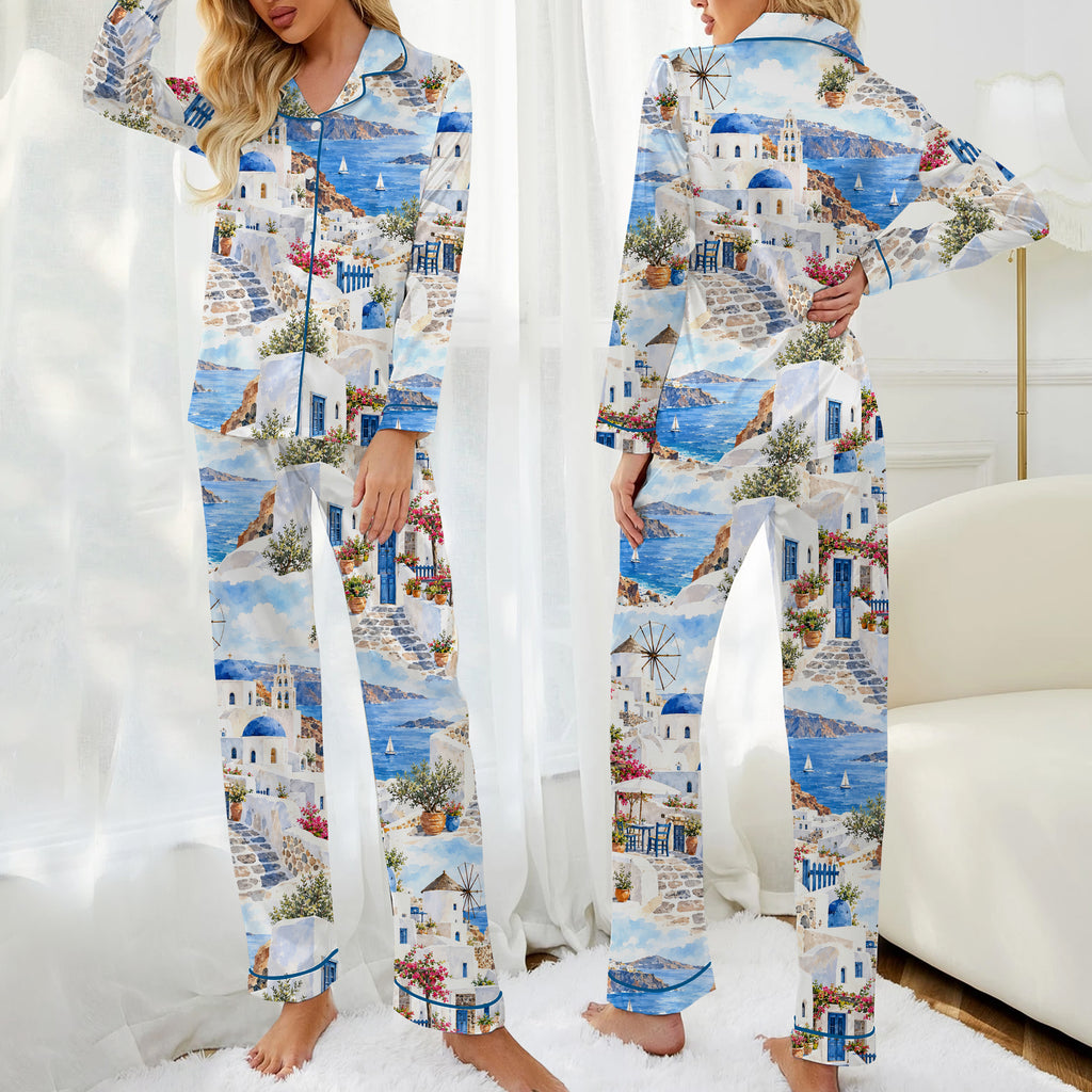 Greek Island Coastal Village Watercolor Print Long Sleeve Pajama Set