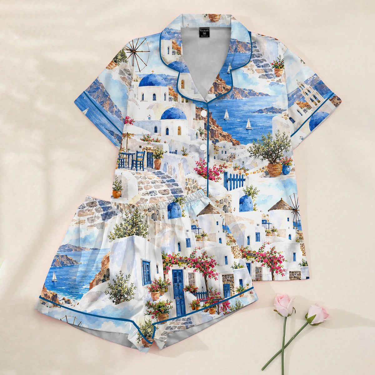 Greek Island Coastal Village Watercolor Print Short Sleeve Pajama Set