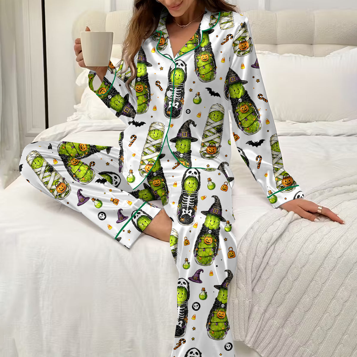 Halloween Pickles in Costumes Print Long Sleeve Pajama Set