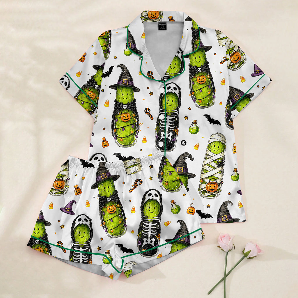 Halloween Pickles in Costumes Print Short Sleeve Pajama Set