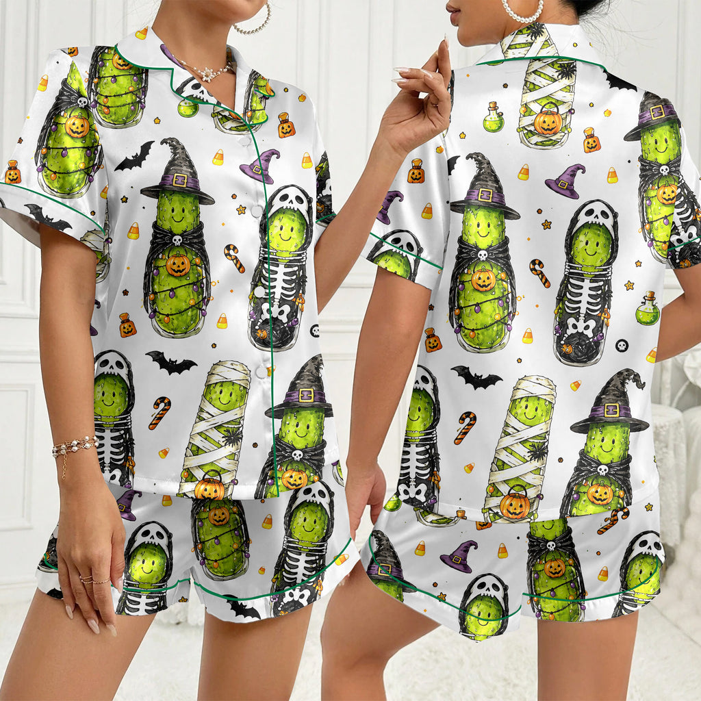 Halloween Pickles in Costumes Print Short Sleeve Pajama Set