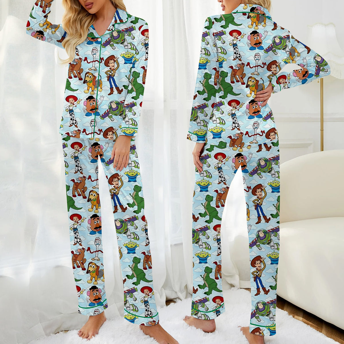 Disney Pixar Toy Story Characters and Clouds Print Long Sleeve Pajama Set