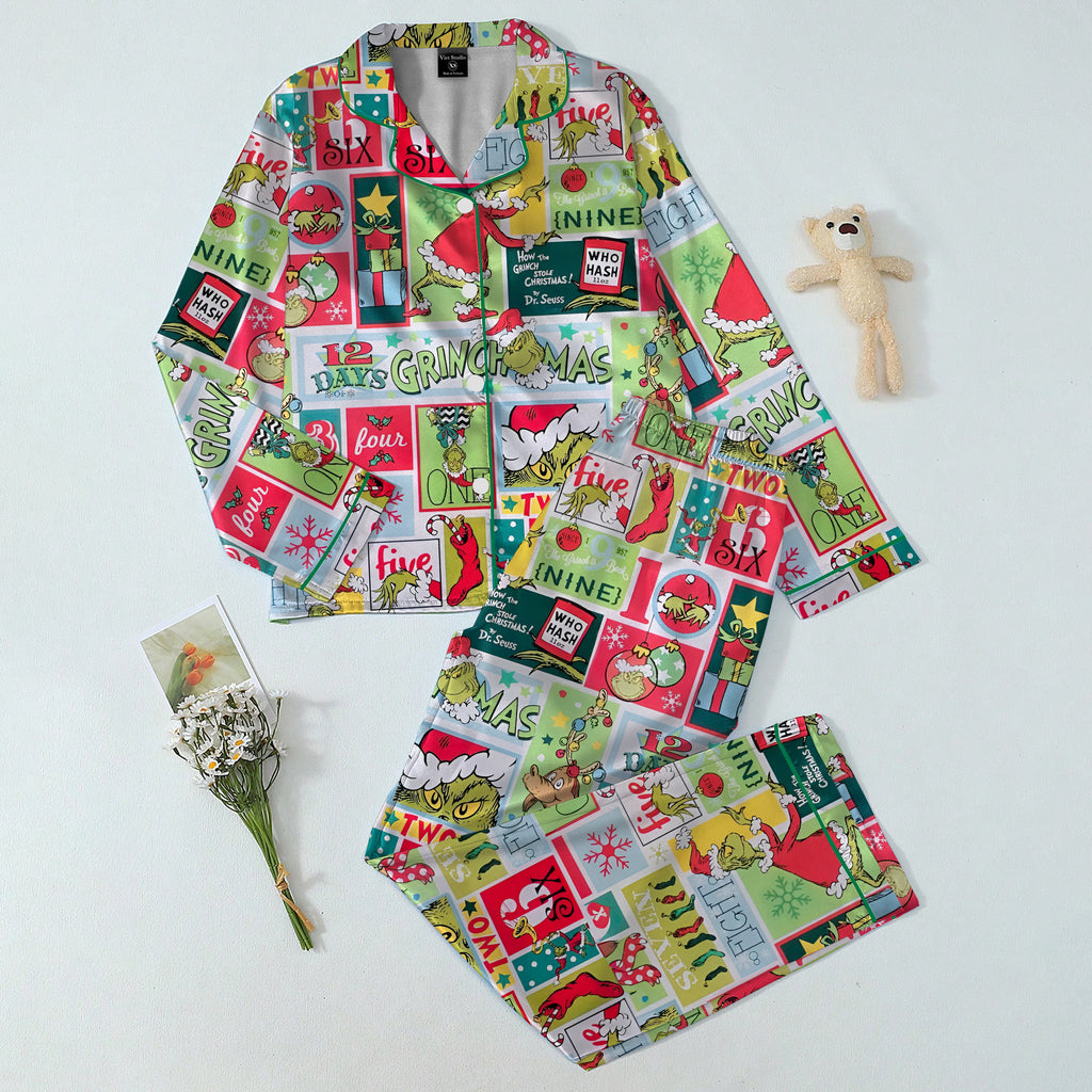 The Grinch Christmas Patchwork Print Long Sleeve Pajama Set