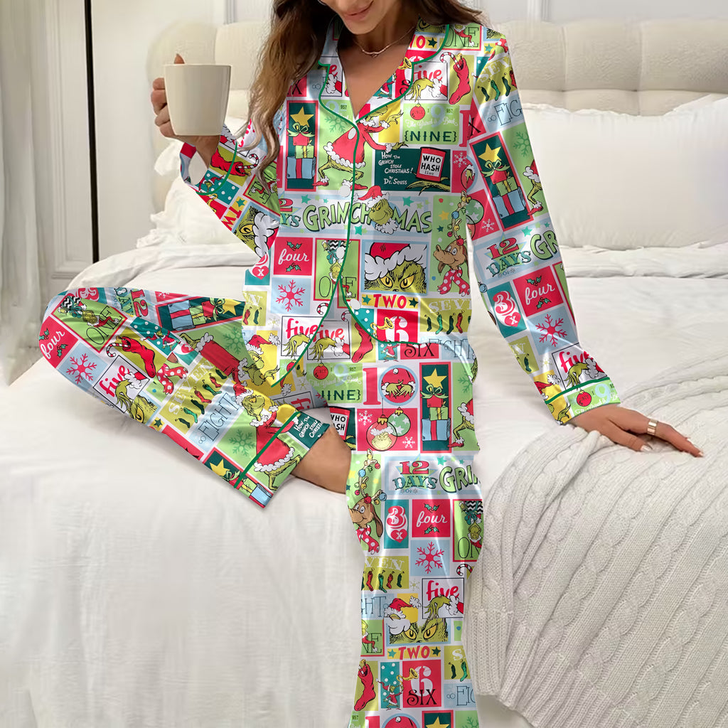 The Grinch Christmas Patchwork Print Long Sleeve Pajama Set
