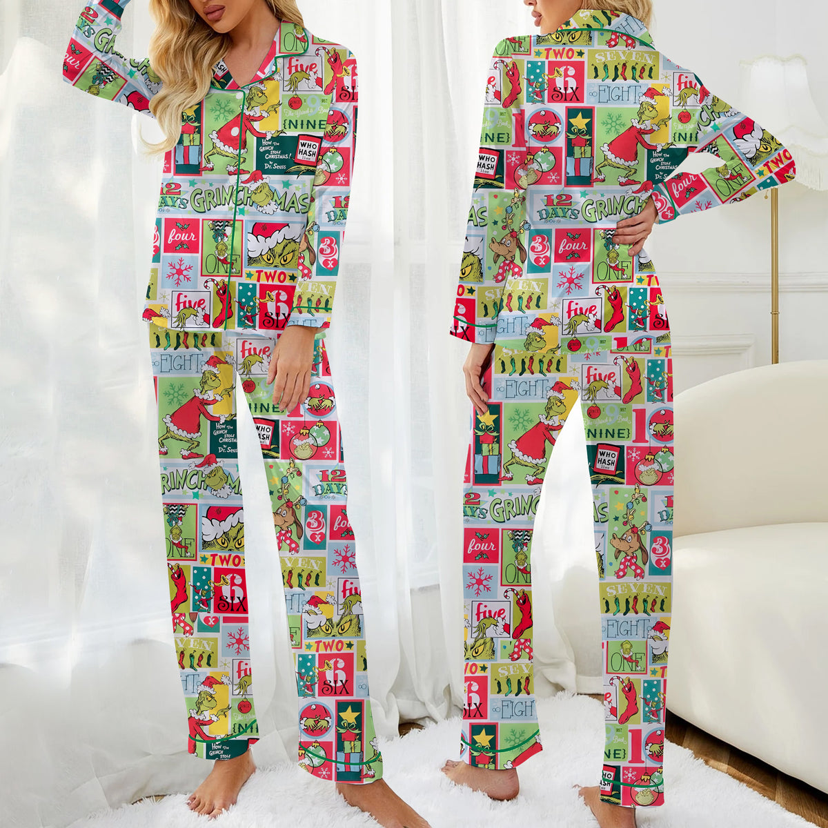 The Grinch Christmas Patchwork Print Long Sleeve Pajama Set