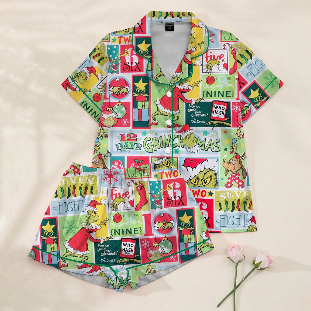 The Grinch Christmas Patchwork Print Short Sleeve Pajama Set