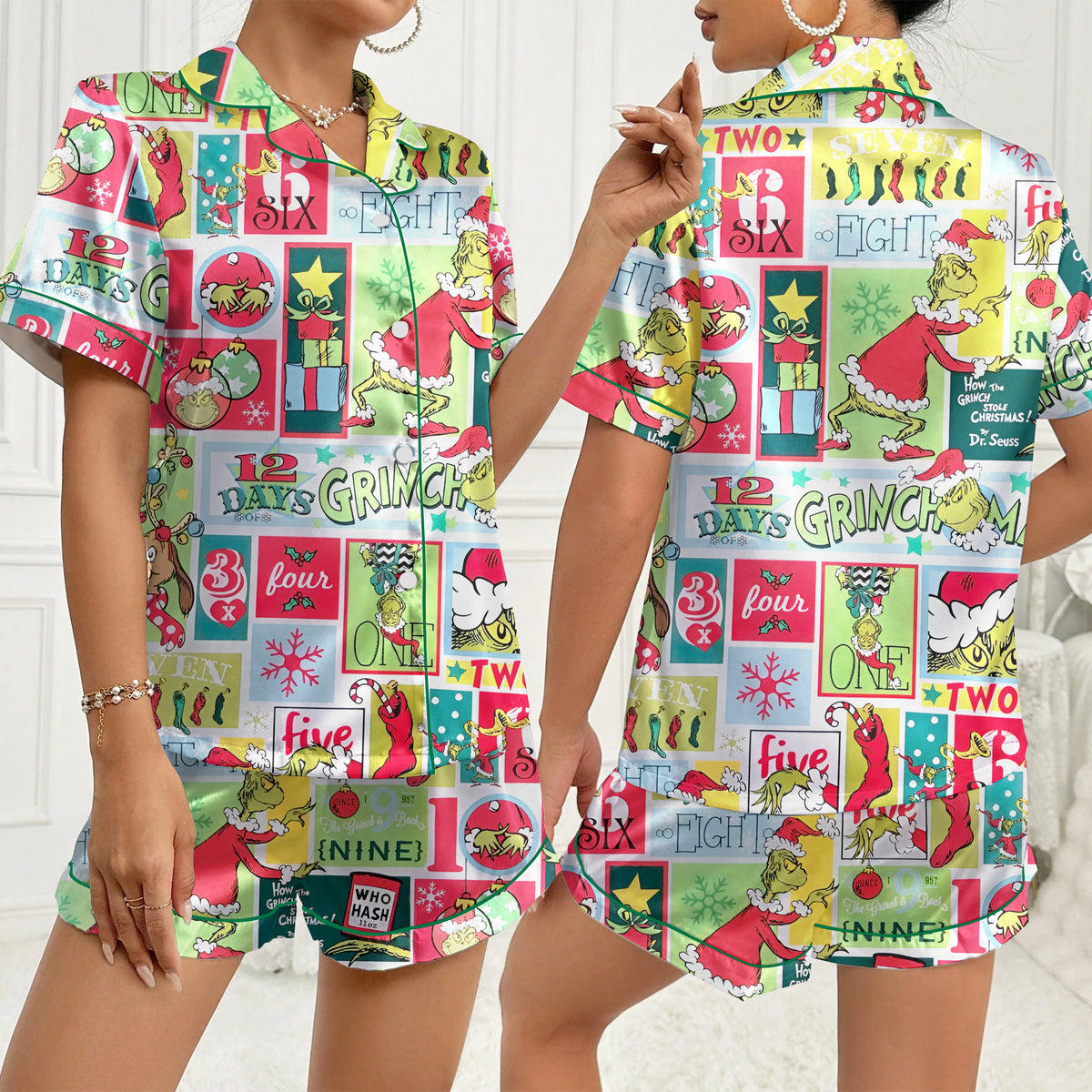 The Grinch Christmas Patchwork Print Short Sleeve Pajama Set