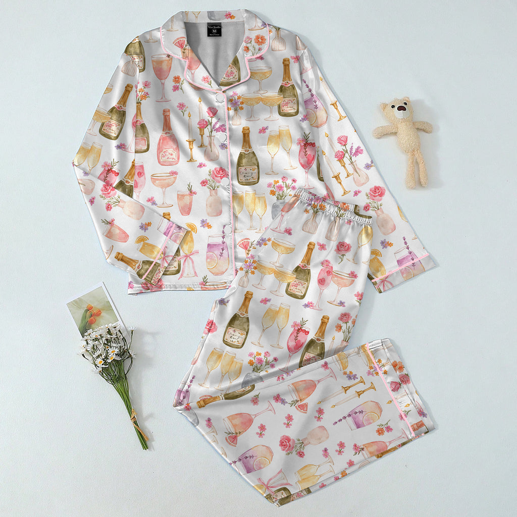 Champagne and Floral Watercolor Print Long Sleeve Pajama Set