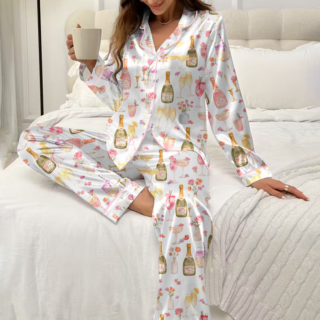 Champagne and Floral Watercolor Print Long Sleeve Pajama Set