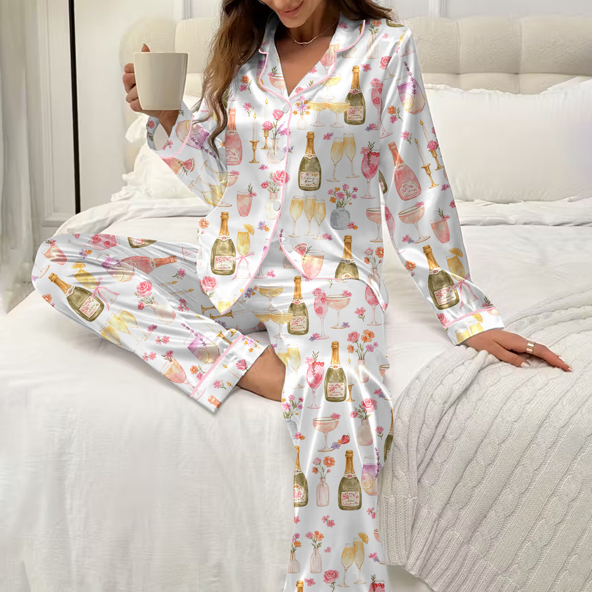 Champagne and Floral Watercolor Print Long Sleeve Pajama Set