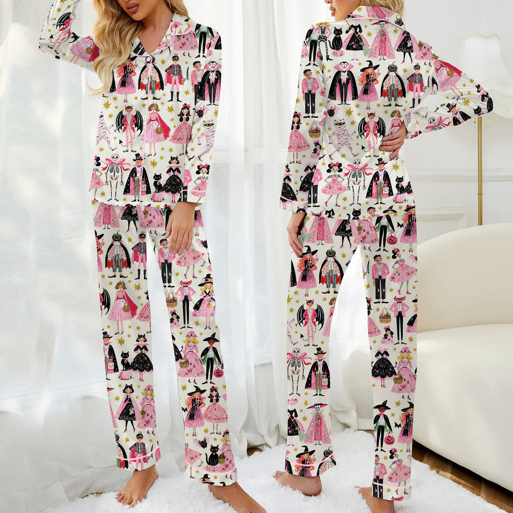 Halloween Costume Characters and Stars Print Long Sleeve Pajama Set