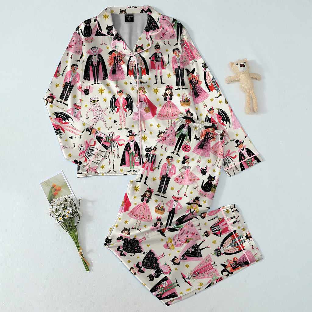 Halloween Costume Characters and Stars Print Long Sleeve Pajama Set