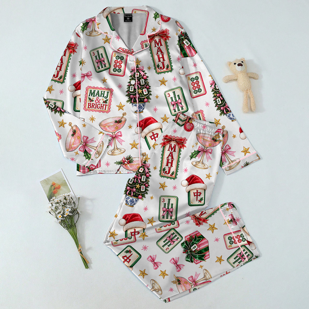 Christmas Mahjong Tiles and Trees Print Long Sleeve Pajama Set