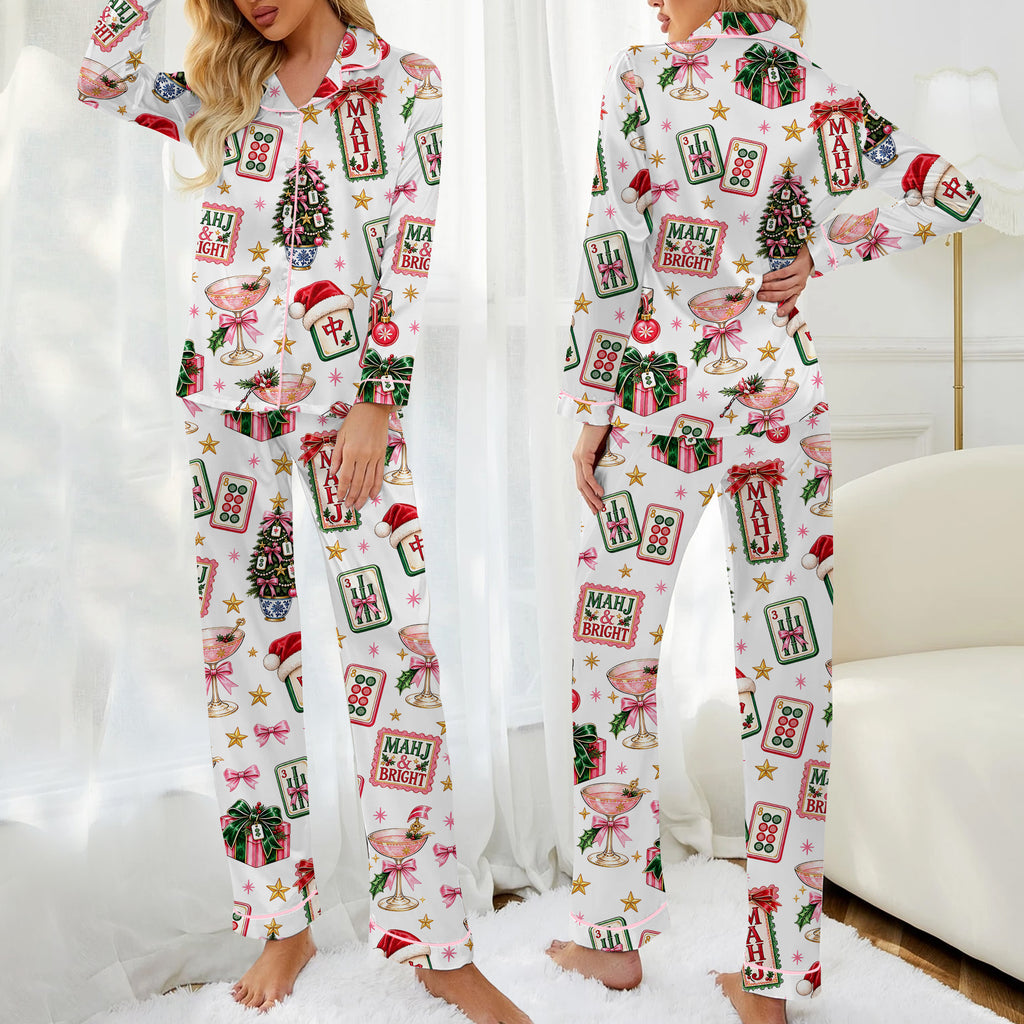 Christmas Mahjong Tiles and Trees Print Long Sleeve Pajama Set