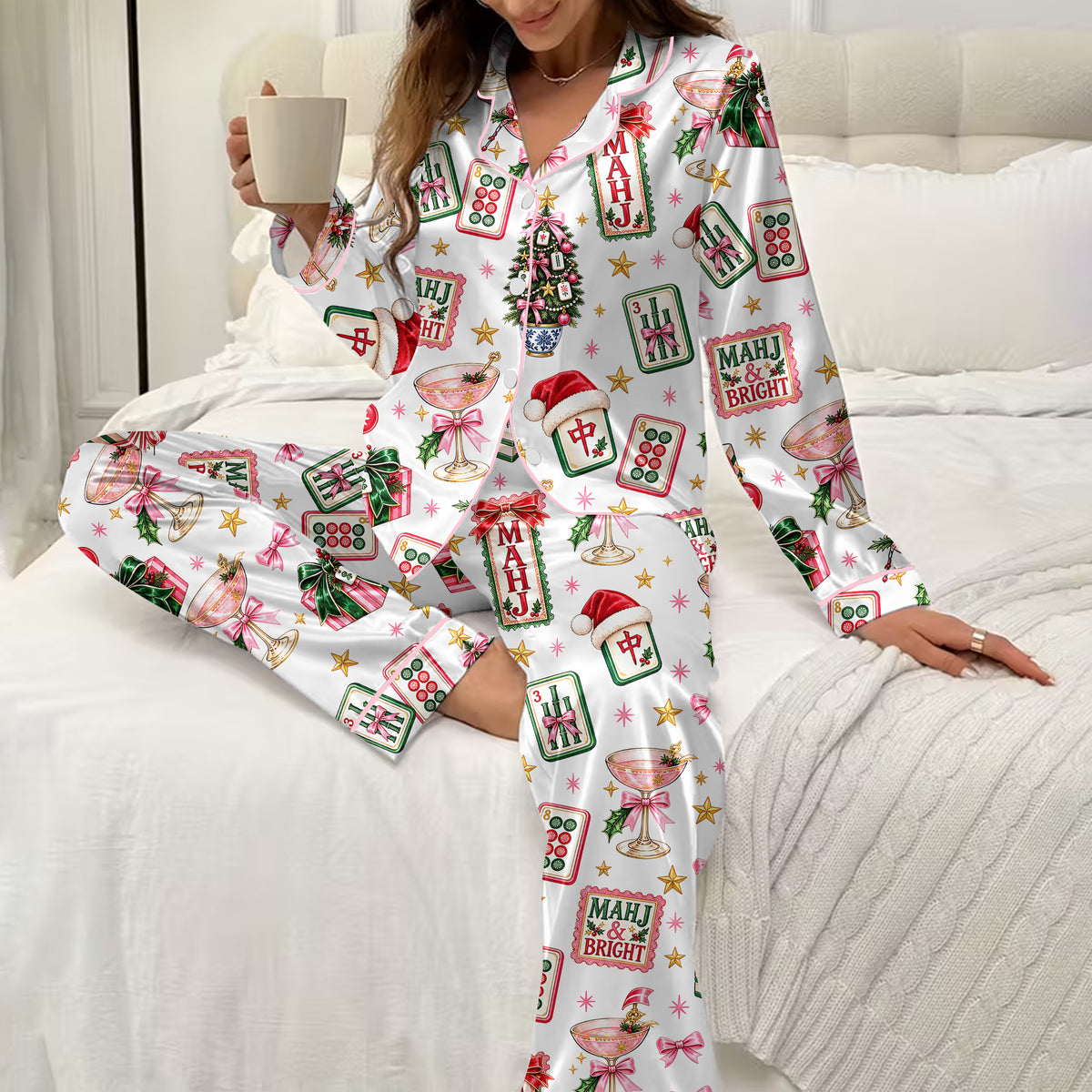 Christmas Mahjong Tiles and Trees Print Long Sleeve Pajama Set