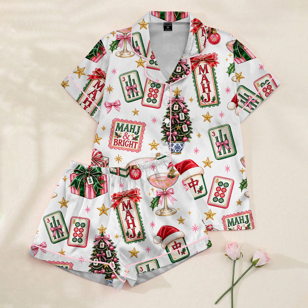 Christmas Mahjong Tiles and Trees Print Short Sleeve Pajama Set
