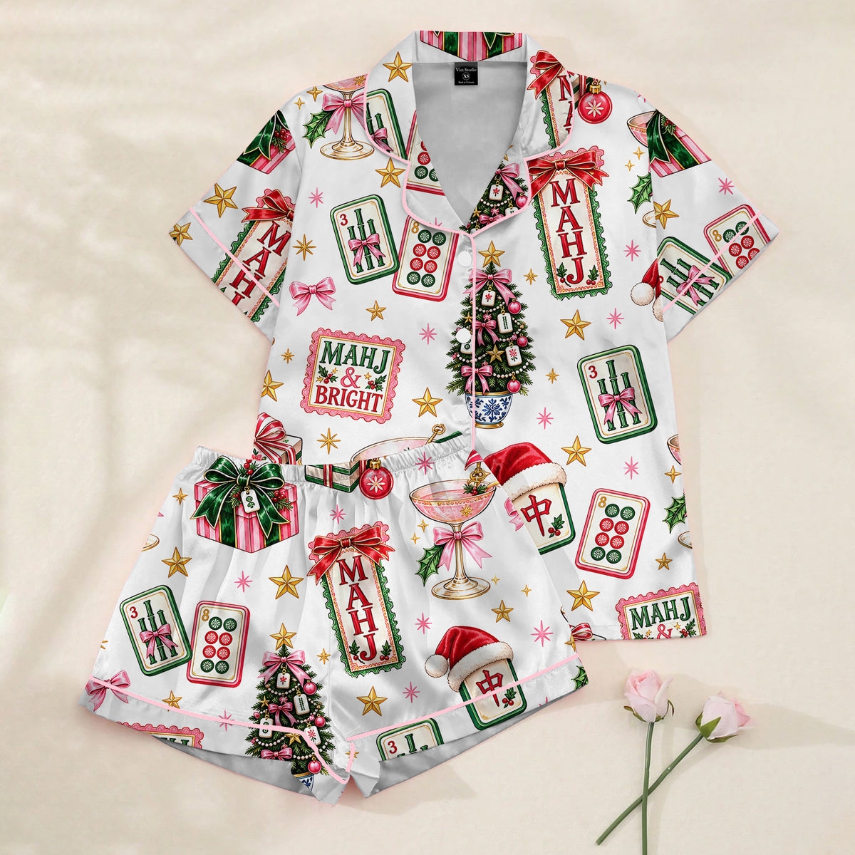 Christmas Mahjong Tiles and Trees Print Short Sleeve Pajama Set