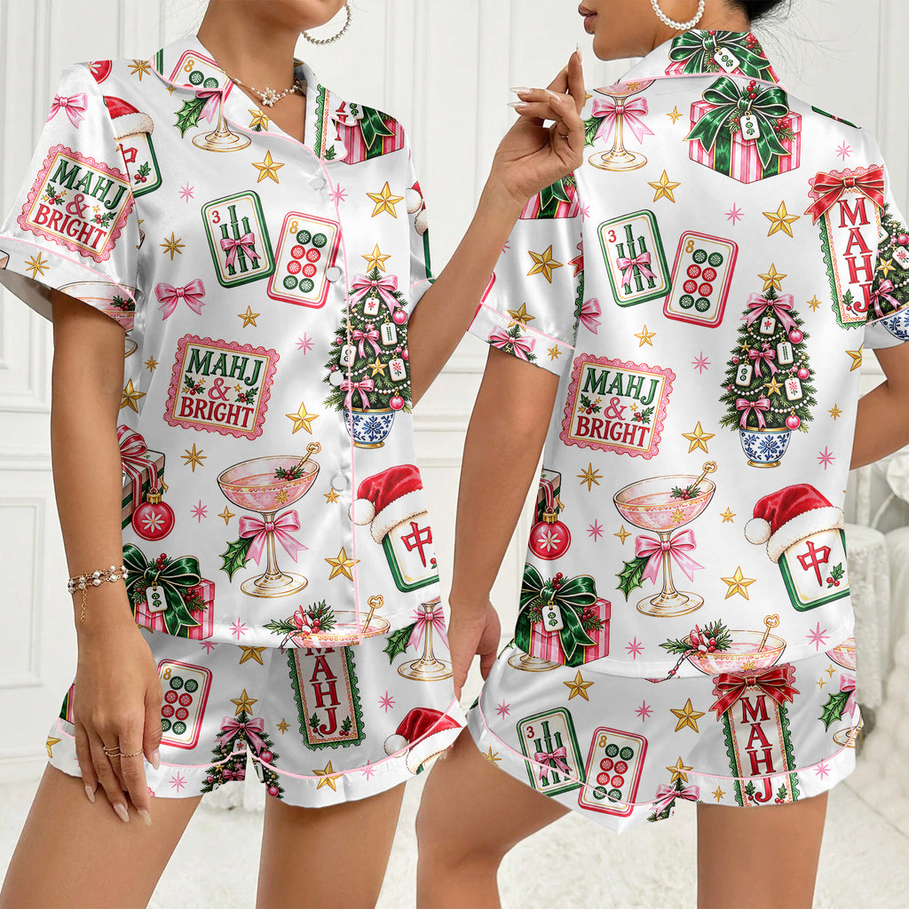 Christmas Mahjong Tiles and Trees Print Short Sleeve Pajama Set