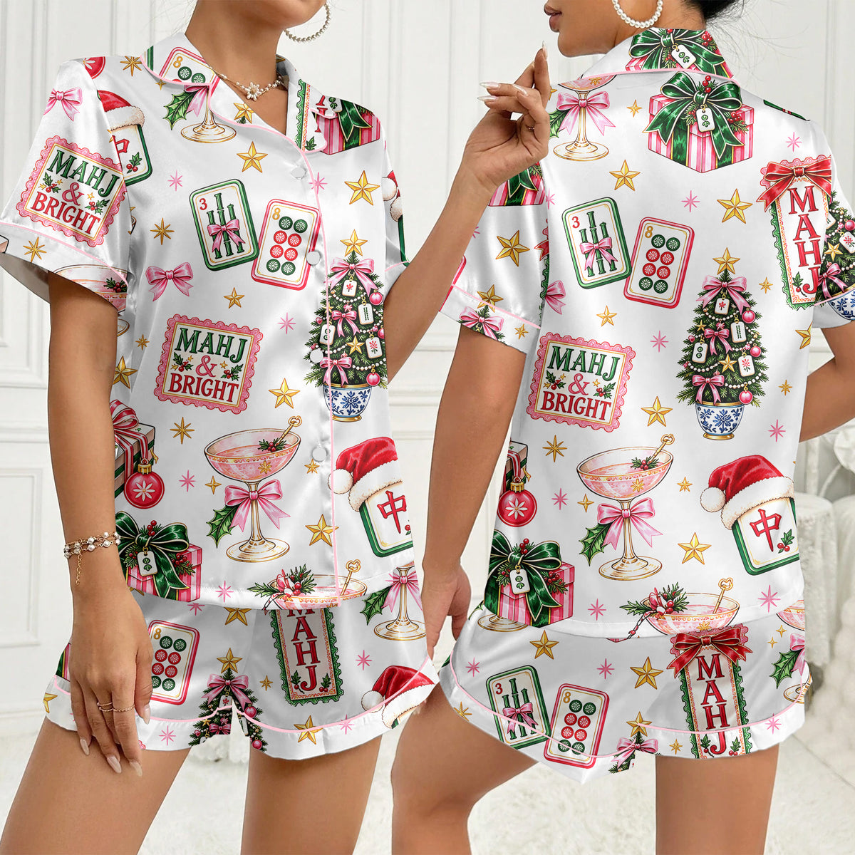 Christmas Mahjong Tiles and Trees Print Short Sleeve Pajama Set