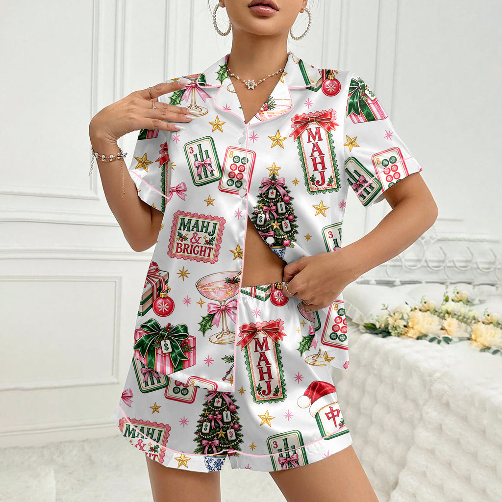 Christmas Mahjong Tiles and Trees Print Short Sleeve Pajama Set