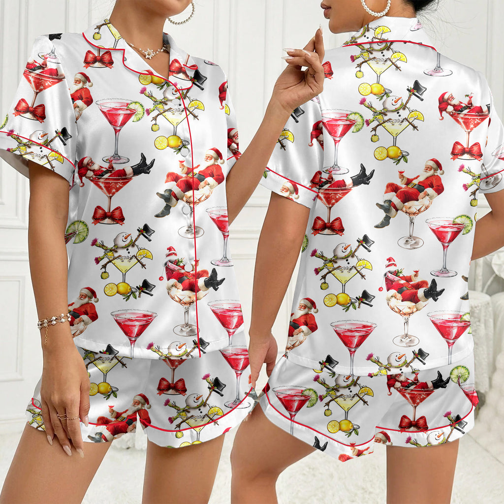 Christmas Santa Snowman and Cocktail Print Short Sleeve Pajama Set