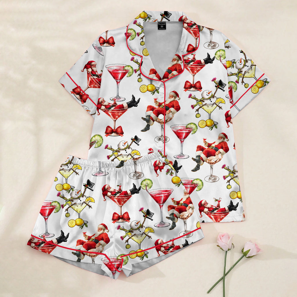 Christmas Santa Snowman and Cocktail Print Short Sleeve Pajama Set
