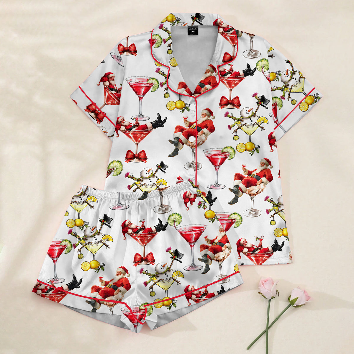 Christmas Santa Snowman and Cocktail Print Short Sleeve Pajama Set