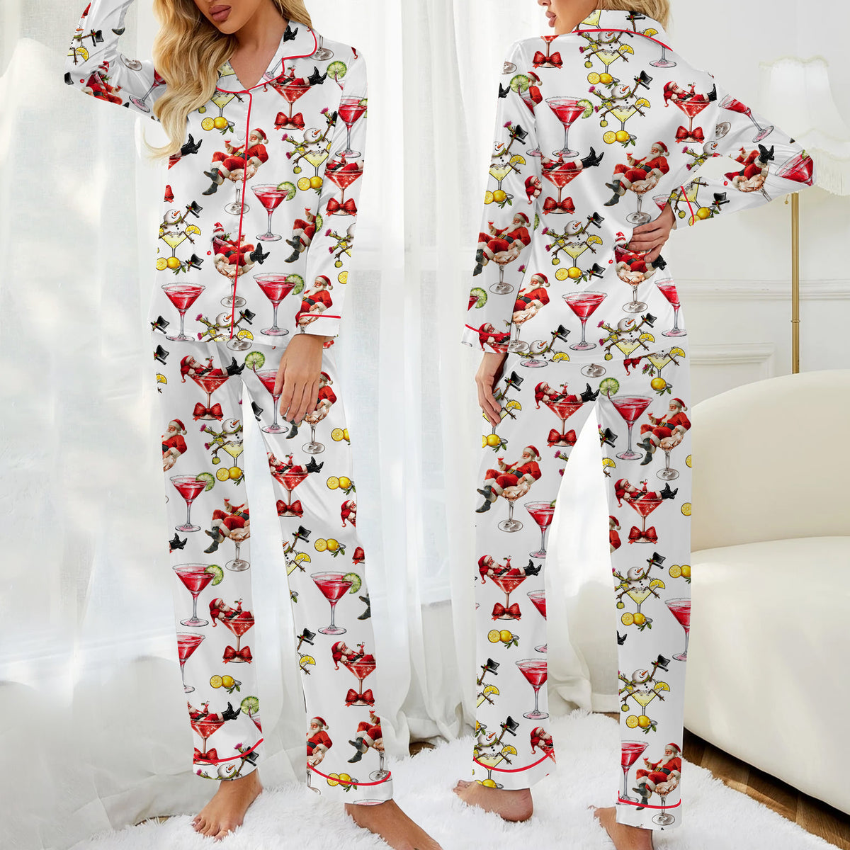Christmas Santa Snowman and Cocktail Print Long Sleeve Pajama Set