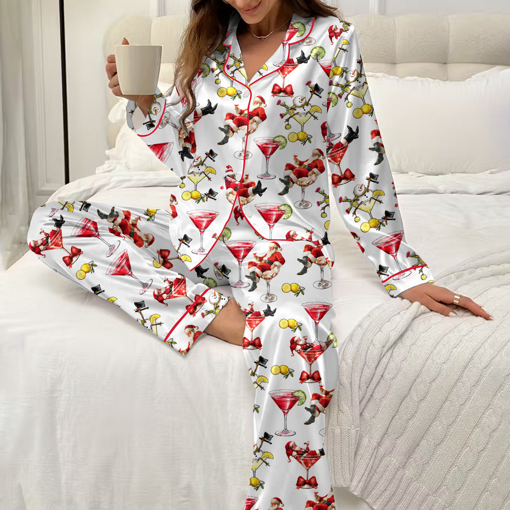 Christmas Santa Snowman and Cocktail Print Long Sleeve Pajama Set