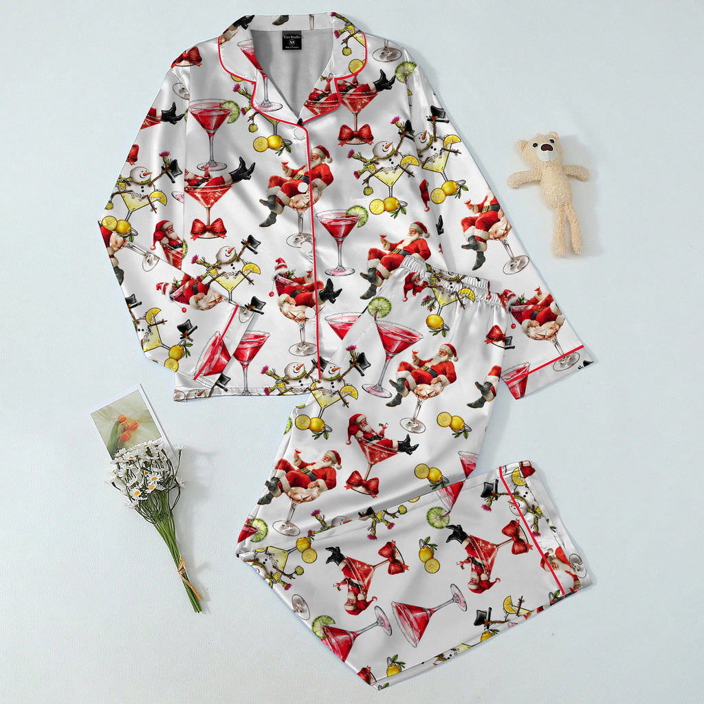 Christmas Santa Snowman and Cocktail Print Long Sleeve Pajama Set