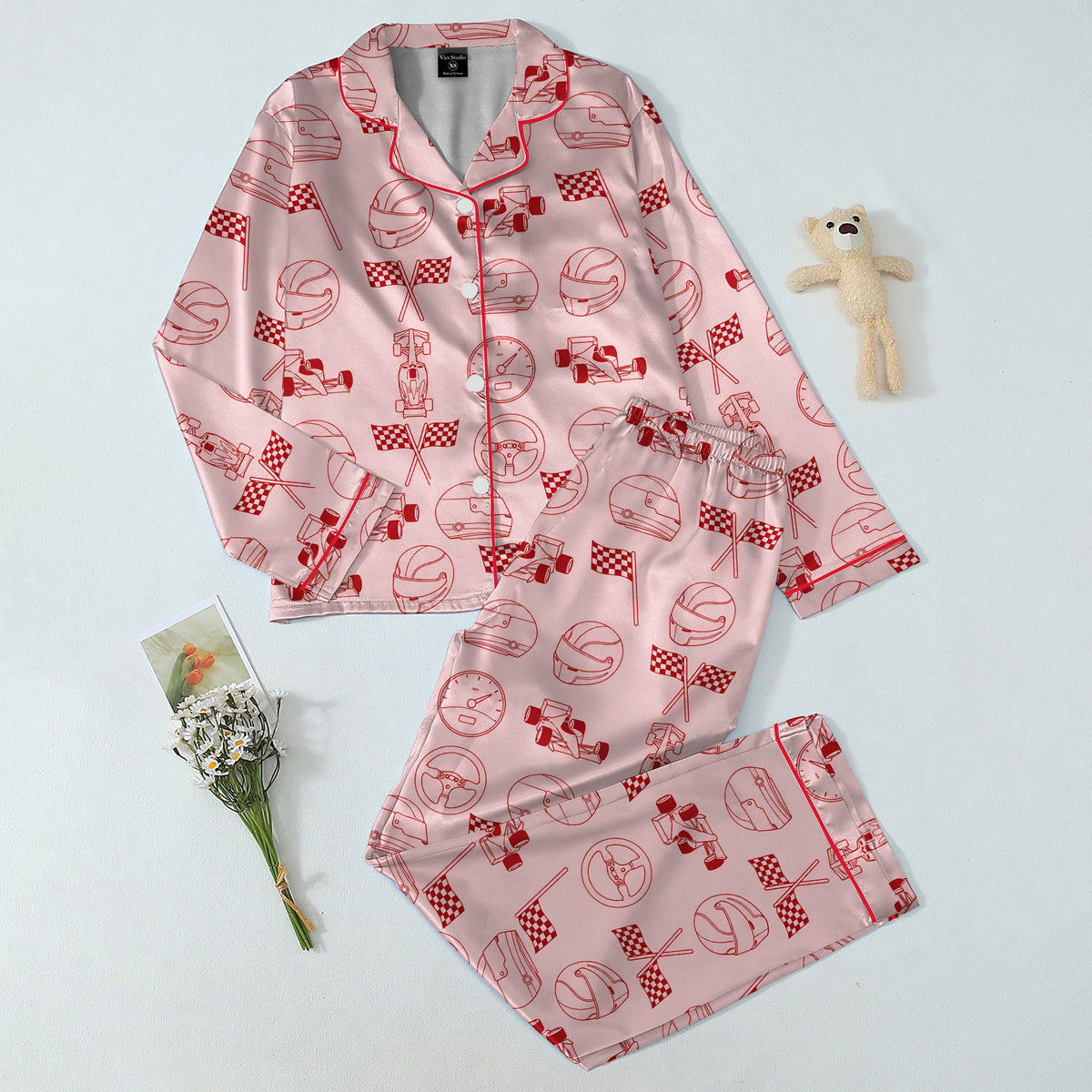 Race Car Helmet and Checkered Flag Print Long Sleeve Pajama Set