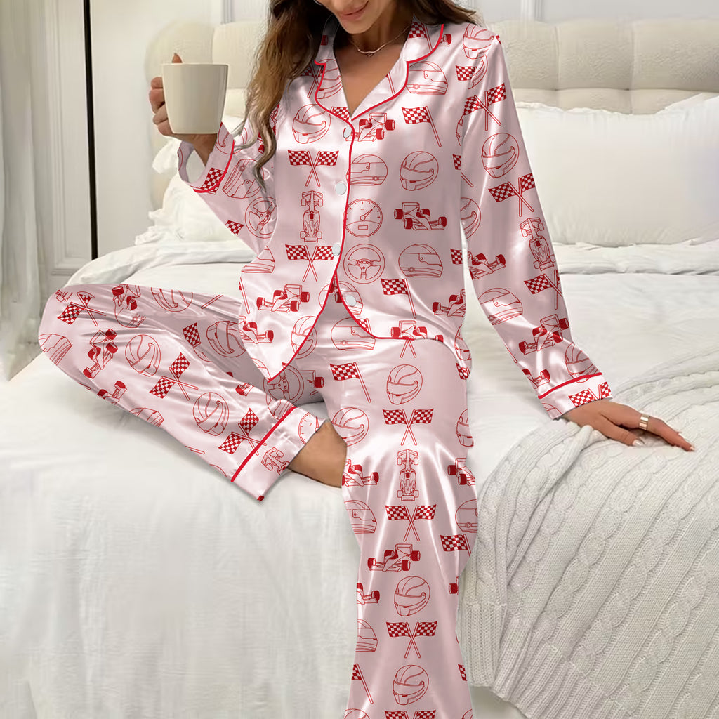 Race Car Helmet and Checkered Flag Print Long Sleeve Pajama Set