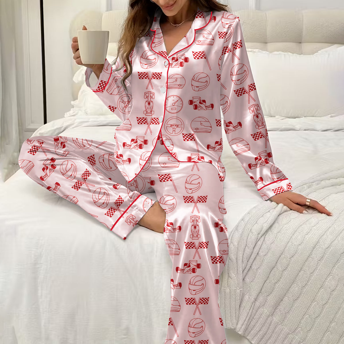 Race Car Helmet and Checkered Flag Print Long Sleeve Pajama Set