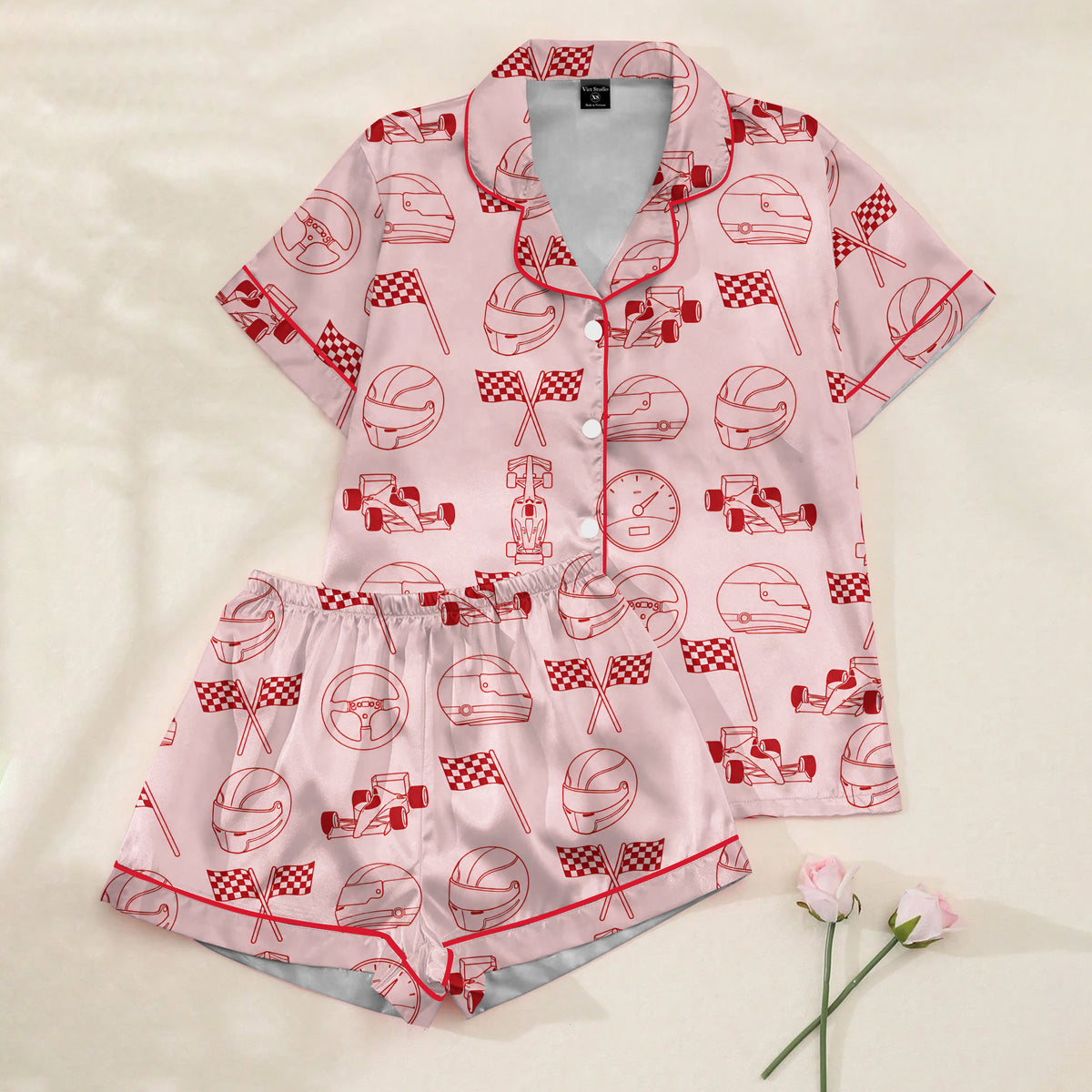 Race Car Helmet and Checkered Flag Print Short Sleeve Pajama Set
