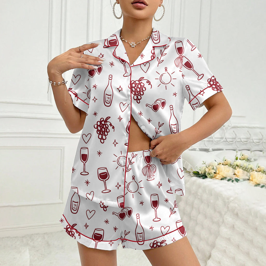 Wine Grapes and Hearts Doodle Print Short Sleeve Pajama Set