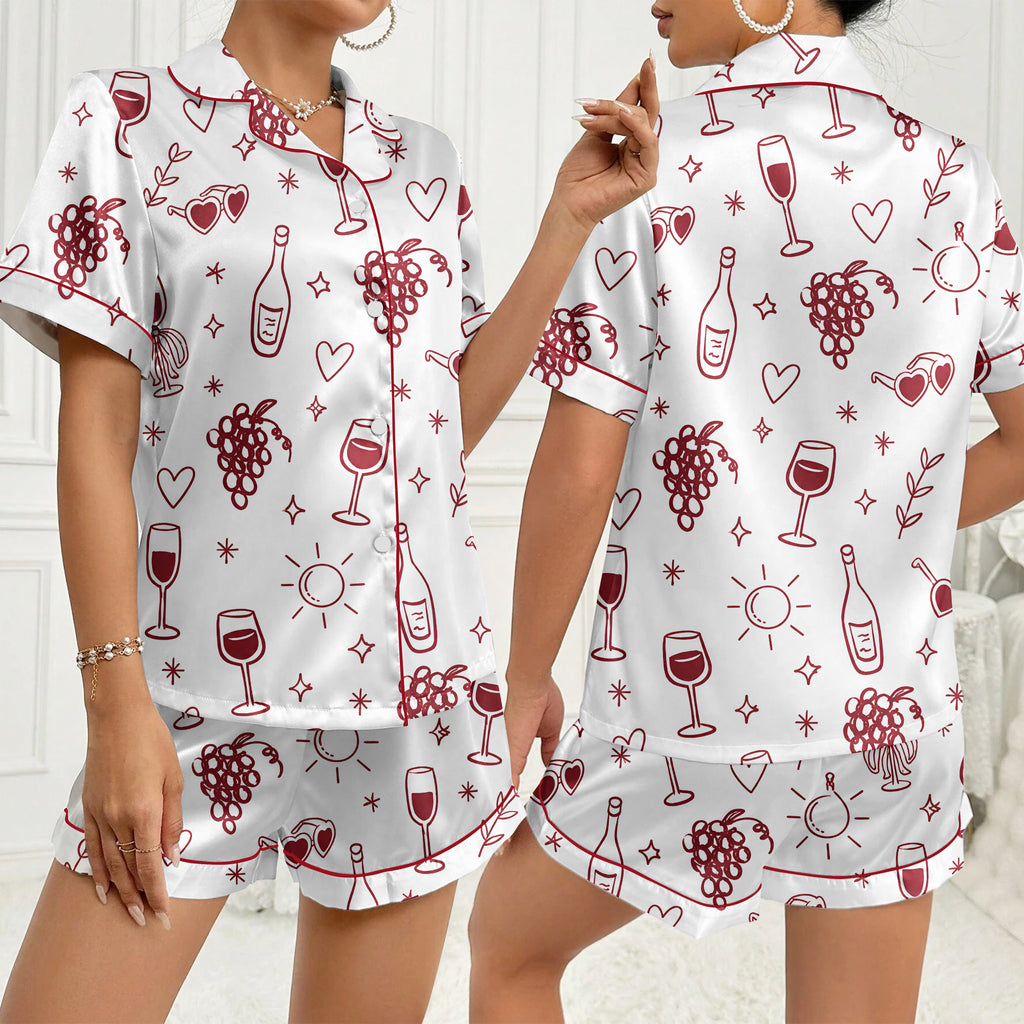 Wine Grapes and Hearts Doodle Print Short Sleeve Pajama Set