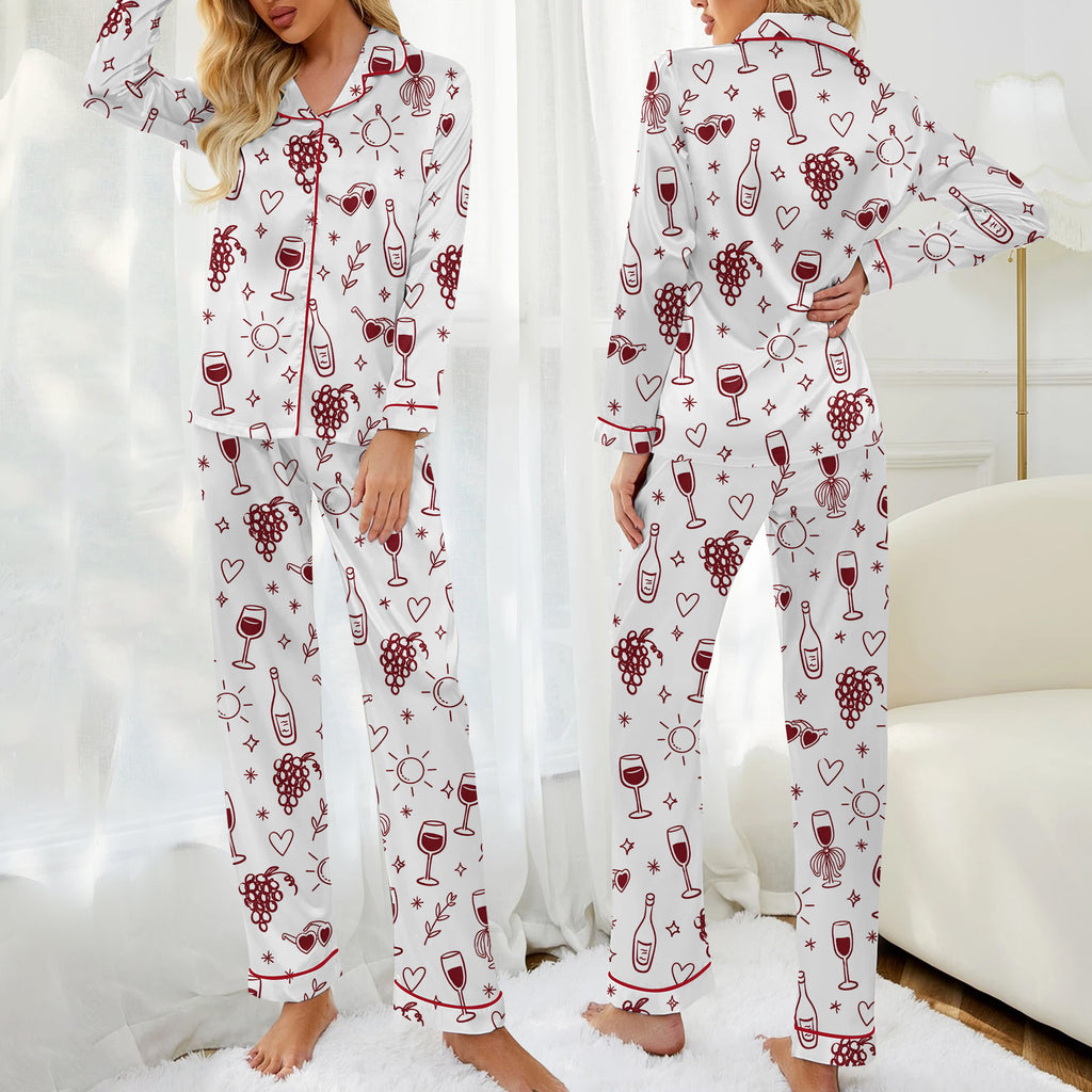 Wine Grapes and Hearts Doodle Print Long Sleeve Pajama Set