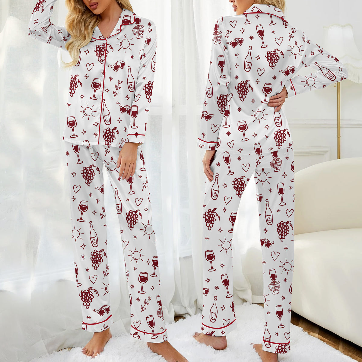 Wine Grapes and Hearts Doodle Print Long Sleeve Pajama Set