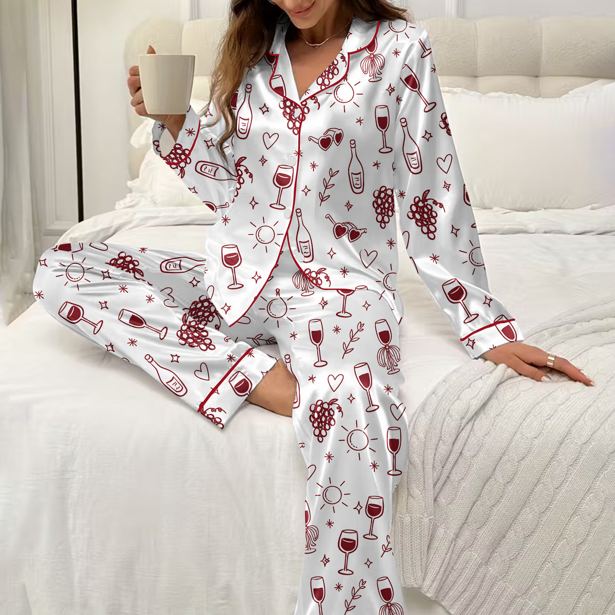 Wine Grapes and Hearts Doodle Print Long Sleeve Pajama Set