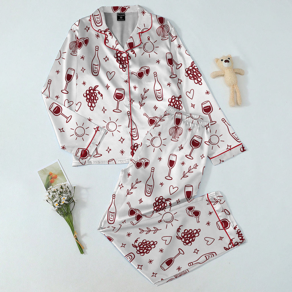 Wine Grapes and Hearts Doodle Print Long Sleeve Pajama Set