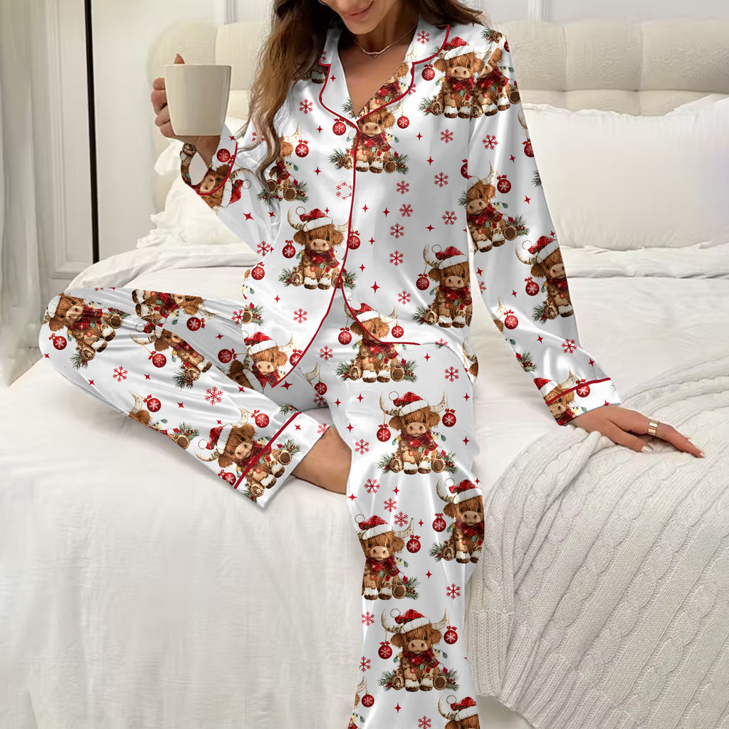 Christmas Highland Cow and Snowflake Print Long Sleeve Pajama Set