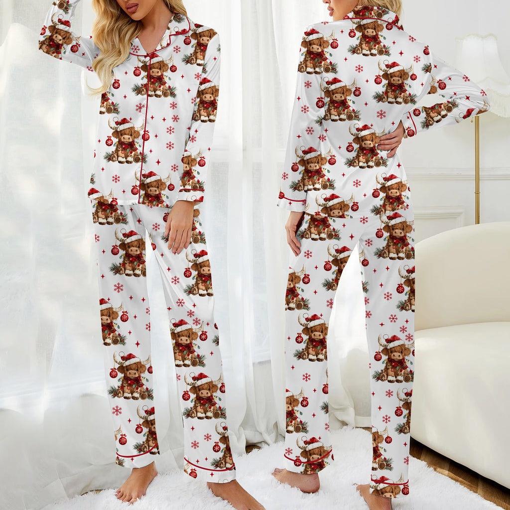 Christmas Highland Cow and Snowflake Print Long Sleeve Pajama Set