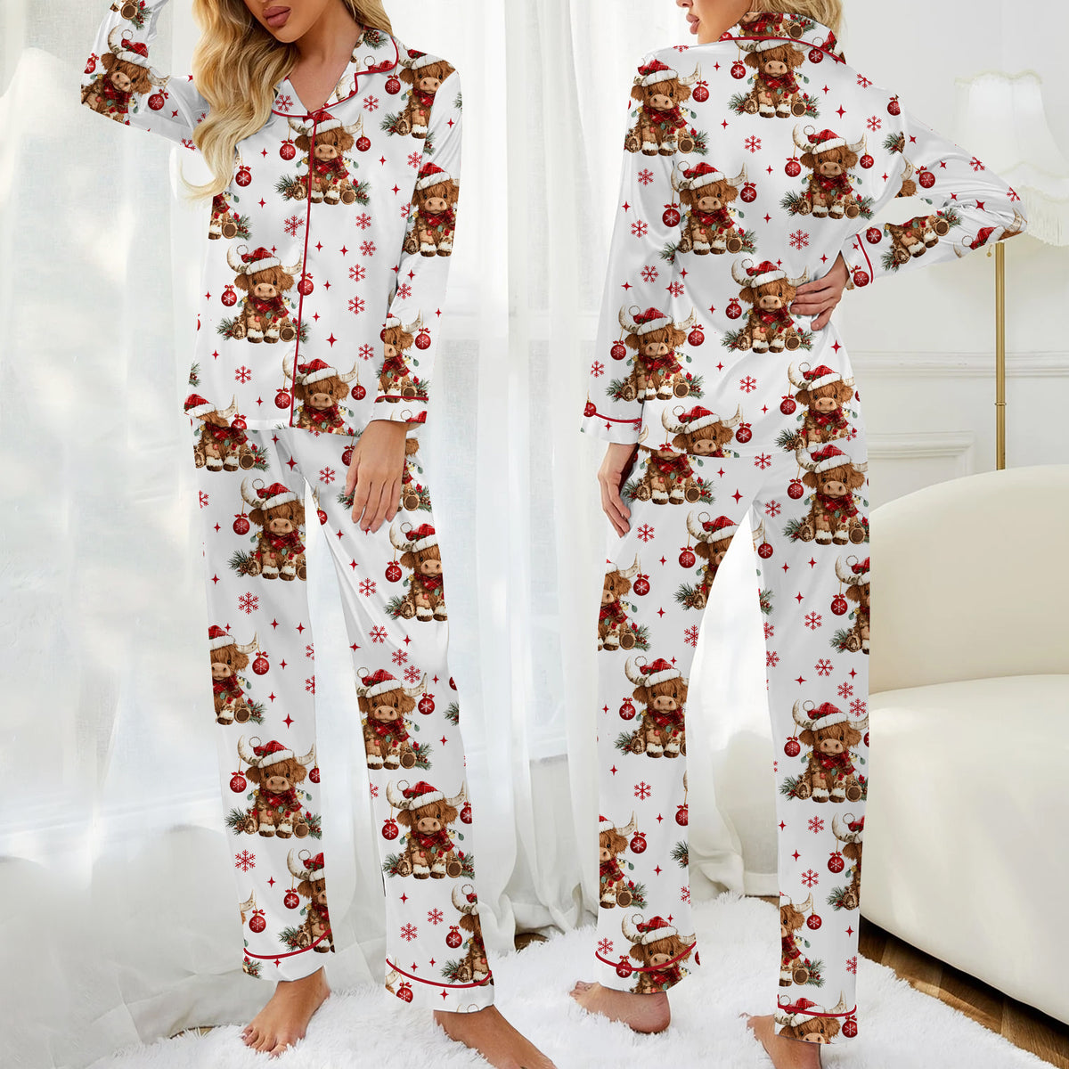 Christmas Highland Cow and Snowflake Print Long Sleeve Pajama Set