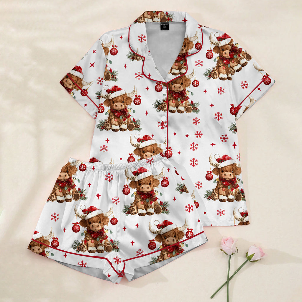 Christmas Highland Cow and Snowflake Print Short Sleeve Pajama Set