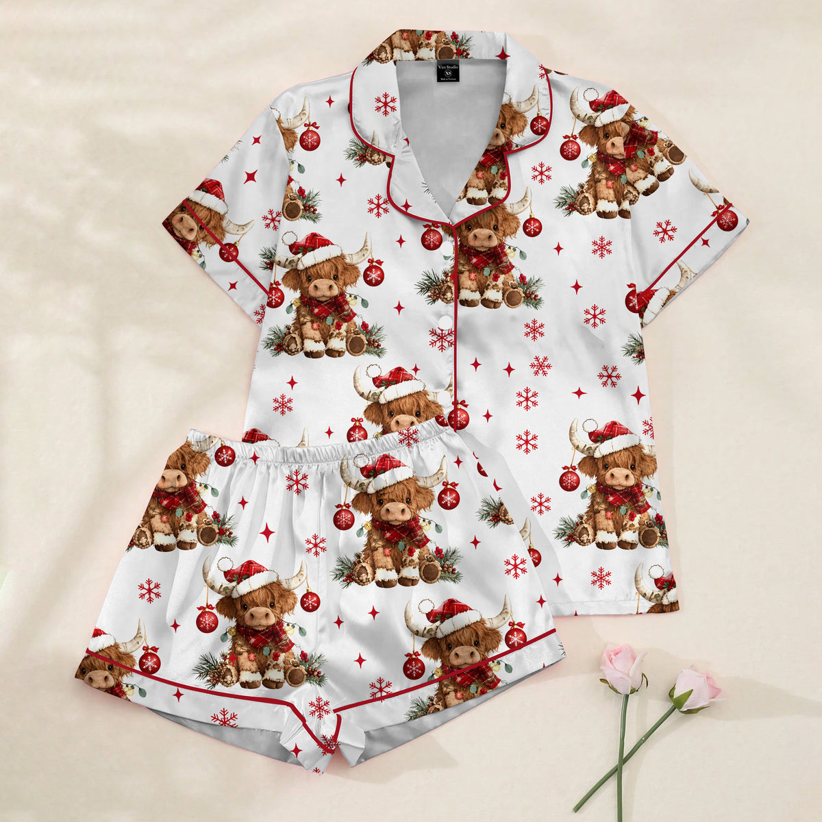 Christmas Highland Cow and Snowflake Print Short Sleeve Pajama Set