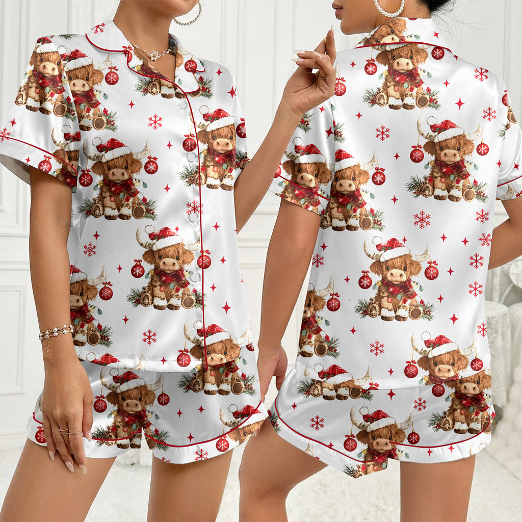 Christmas Highland Cow and Snowflake Print Short Sleeve Pajama Set