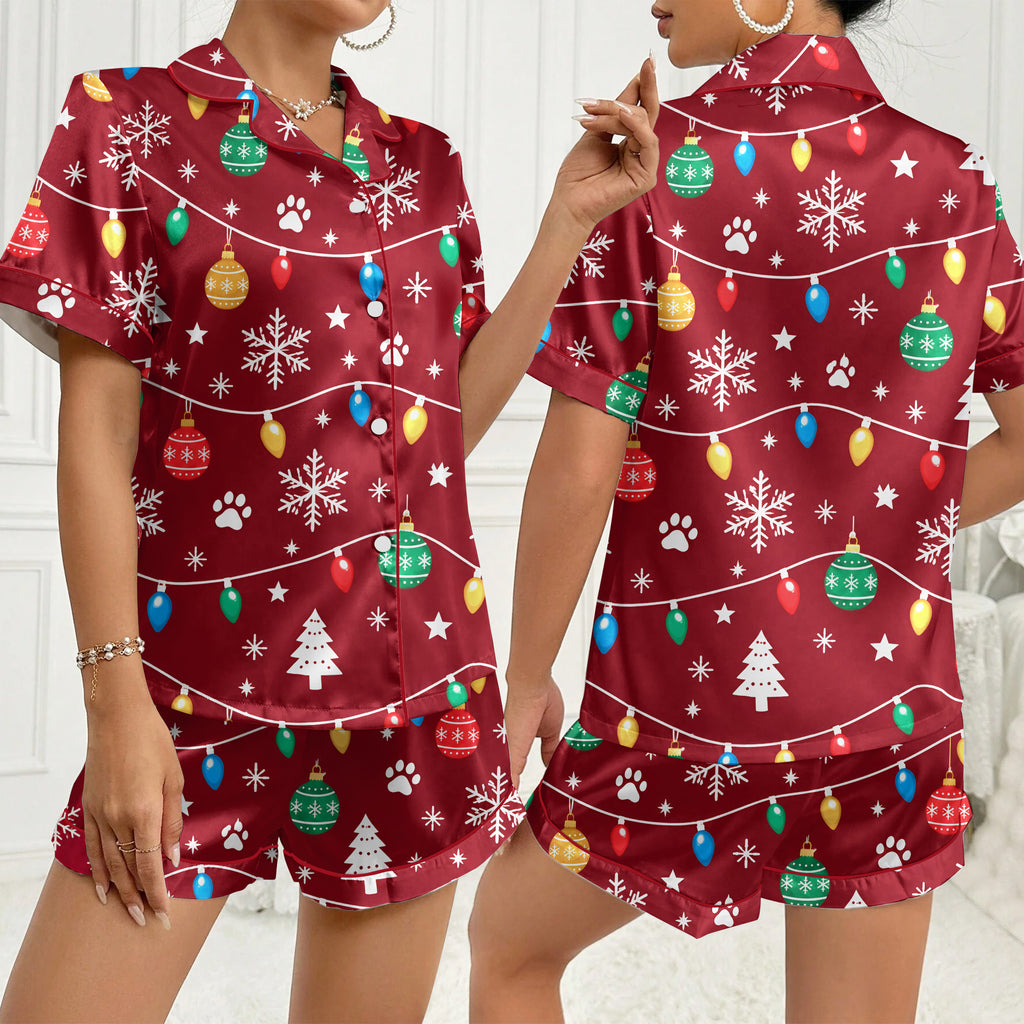 Christmas Lights Snowflakes and Paw Print Short Sleeve Pajama Set