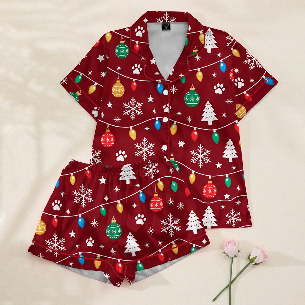 Christmas Lights Snowflakes and Paw Print Short Sleeve Pajama Set