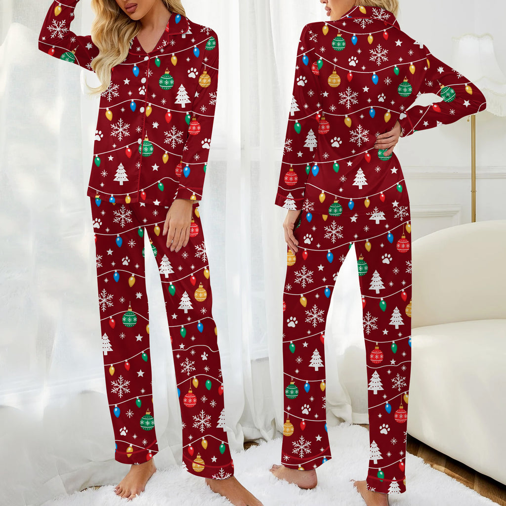 Christmas Lights Snowflakes and Paw Print Long Sleeve Pajama Set